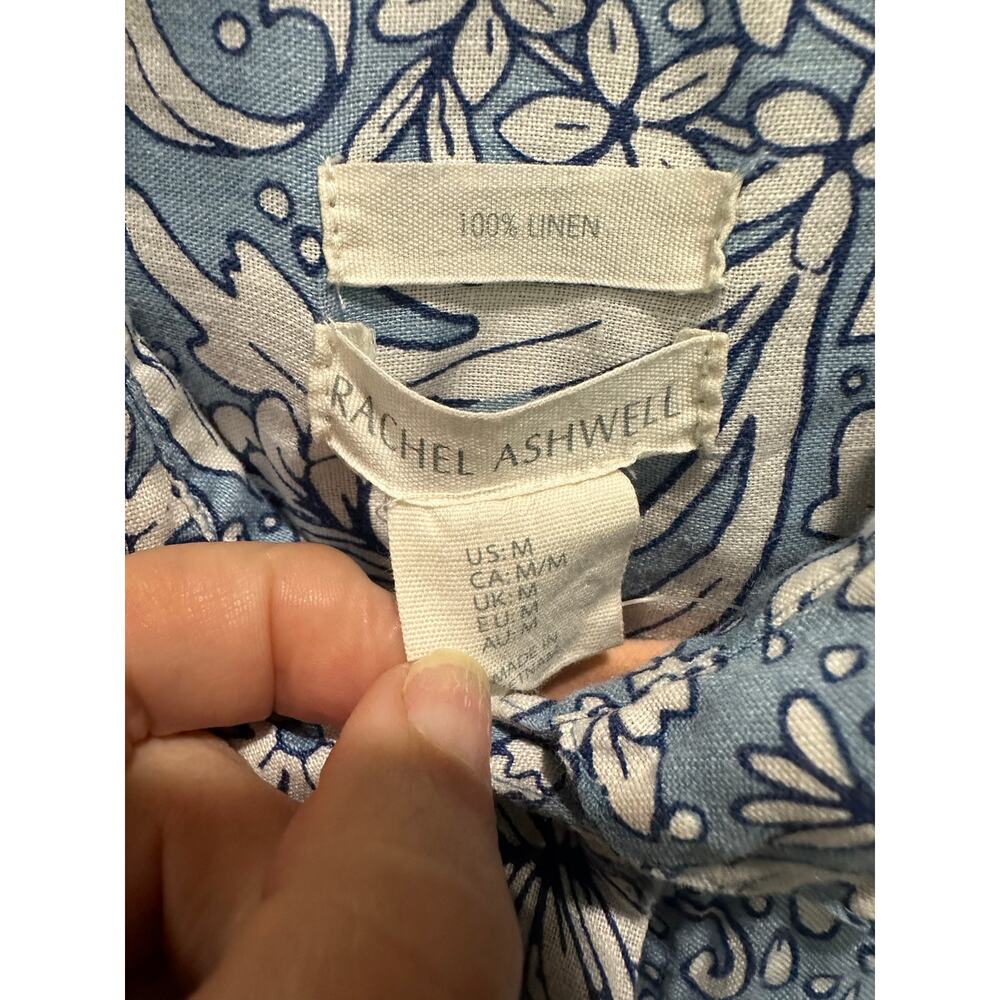 Rachel Ashwell Blue Floral Short Sleeve Button Down Boxy Linen Coastal Shirt - Picture 9 of 10